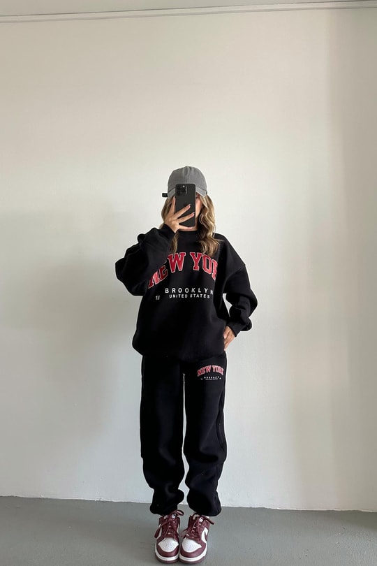 Oversize Bağcıklı NY Eşofman Takım Siyah