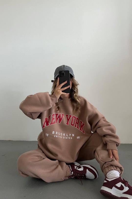 Oversize Bağcıklı NY Eşofman Takım Kahve