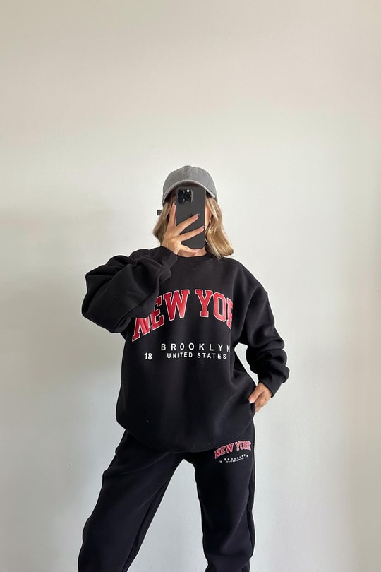 Oversize Bağcıklı NY Eşofman Takım Siyah