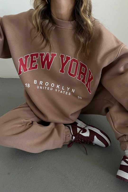 Oversize Bağcıklı NY Eşofman Takım Kahve