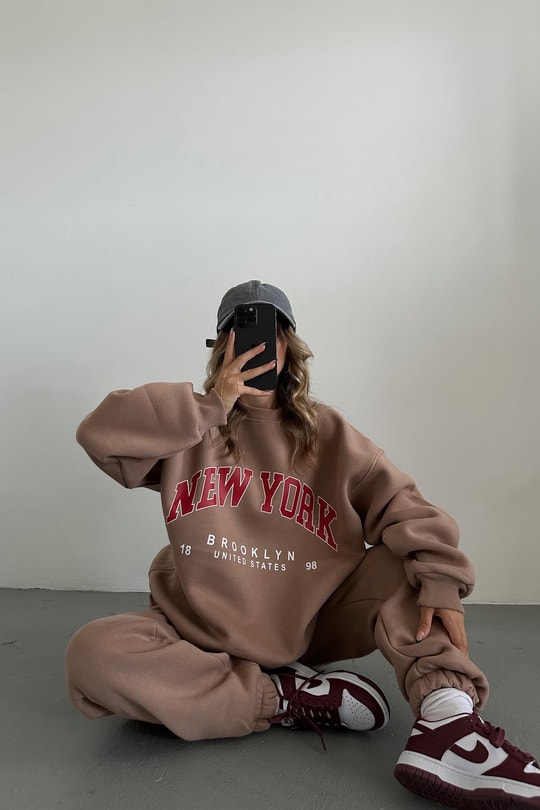 Oversize Bağcıklı NY Eşofman Takım Kahve