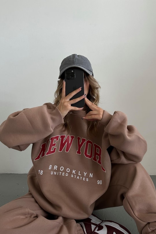 Oversize Bağcıklı NY Eşofman Takım Kahve