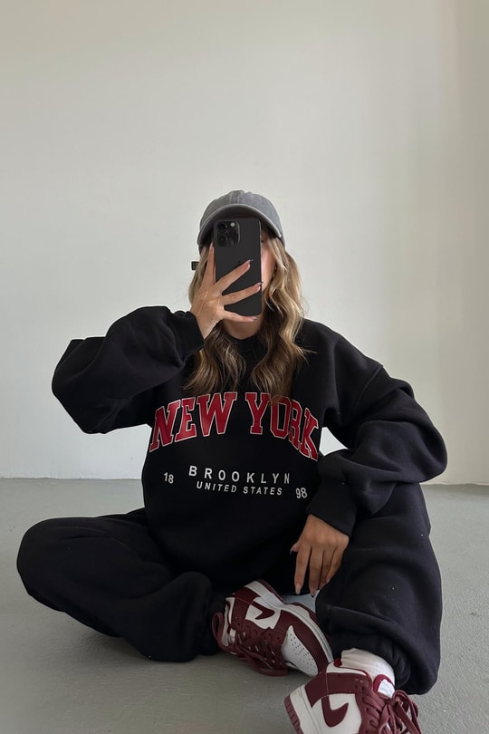 Oversize Bağcıklı NY Eşofman Takım Siyah