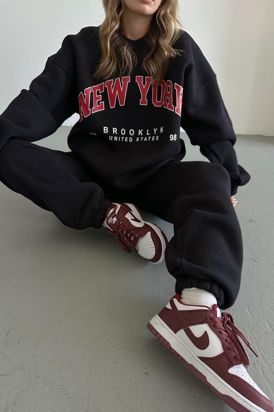 Oversize Bağcıklı NY Eşofman Takım Siyah