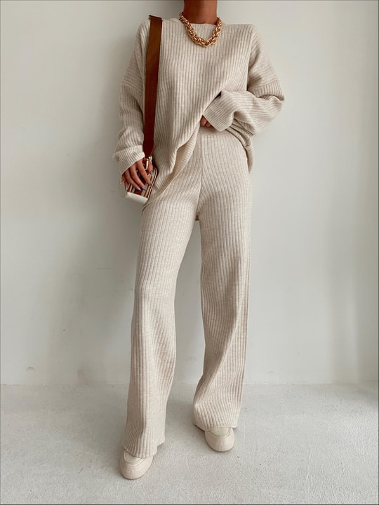 Oversize Fitilli Triko Takım Krem