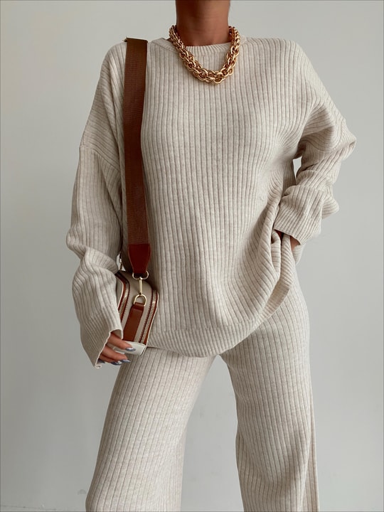 Oversize Fitilli Triko Takım Krem