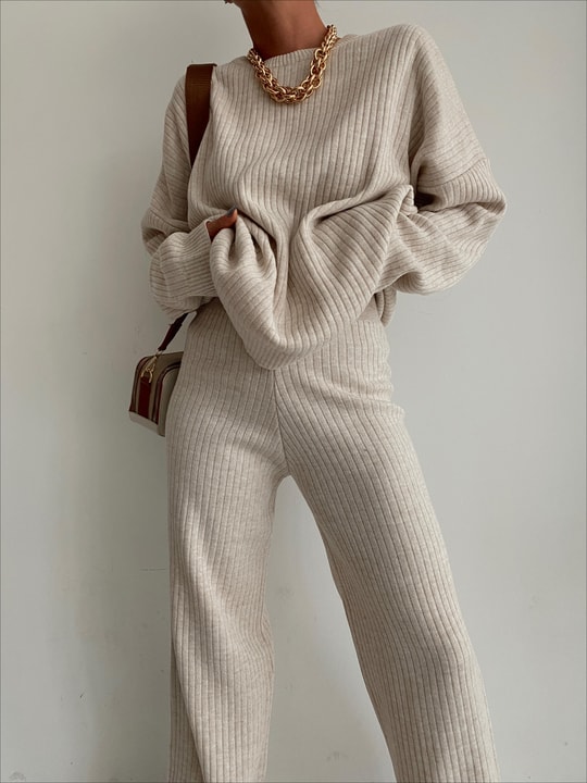 Oversize Fitilli Triko Takım Krem