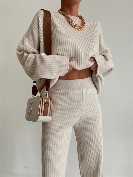 Oversize Fitilli Triko Takım Krem