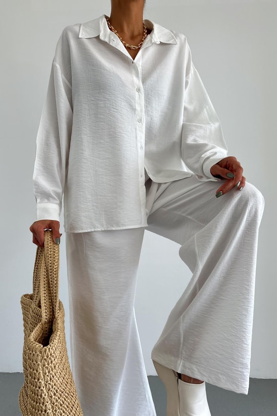 Oversize Gömlek Pantolon Takım Beyaz