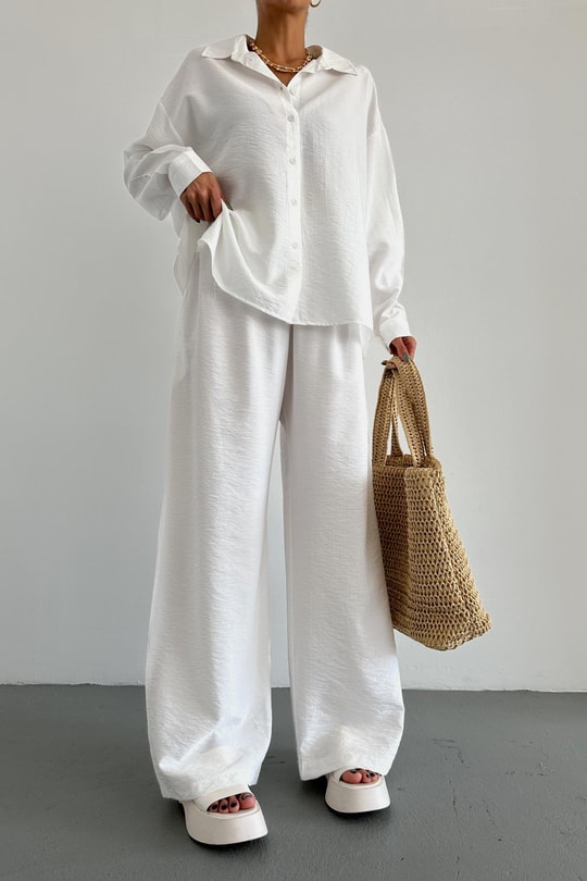 Oversize Gömlek Pantolon Takım Beyaz