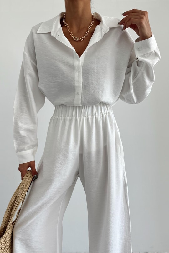 Oversize Gömlek Pantolon Takım Beyaz