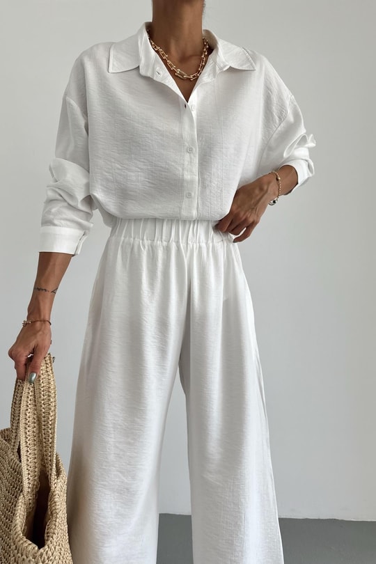 Oversize Gömlek Pantolon Takım Beyaz