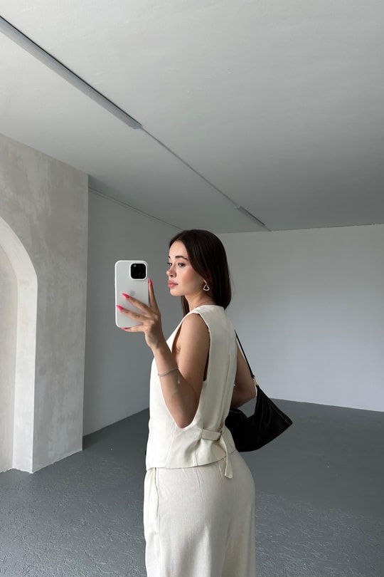 Palazzo Yelekli Keten Takım Ekru