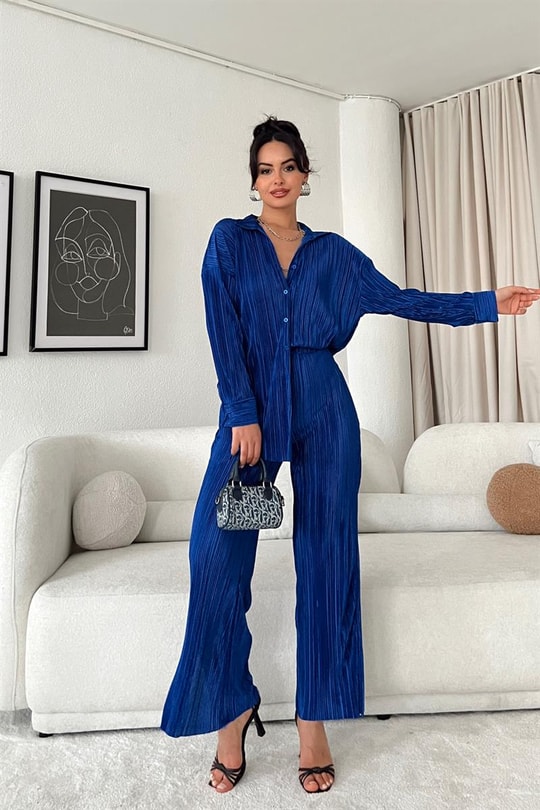 Piliseli Pantolon Gömlek Takım Saks Mavisi