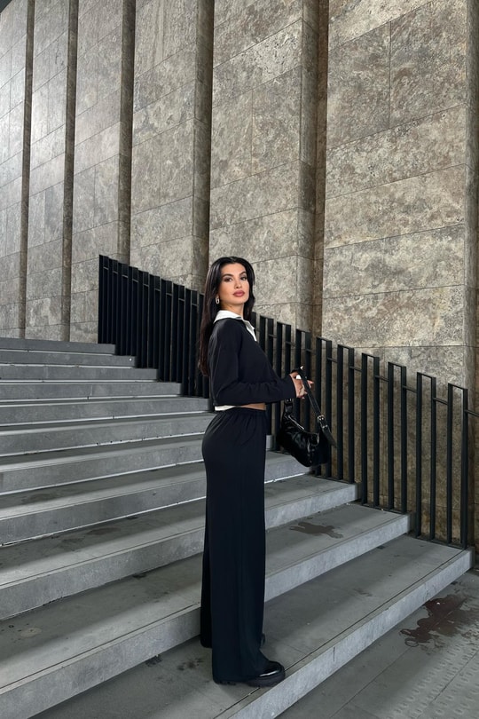 Polo Yaka Palazzo Modal Takım Siyah