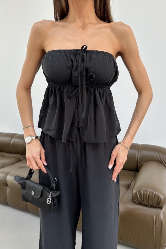 Relax Straplez Bluz Pantolon Takım Siyah