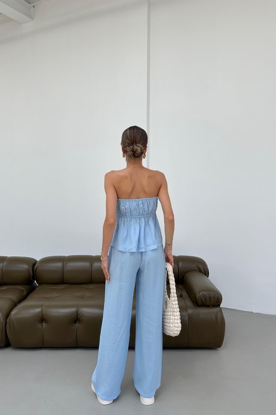 Relax Straplez Bluz Pantolon Takım Mavi