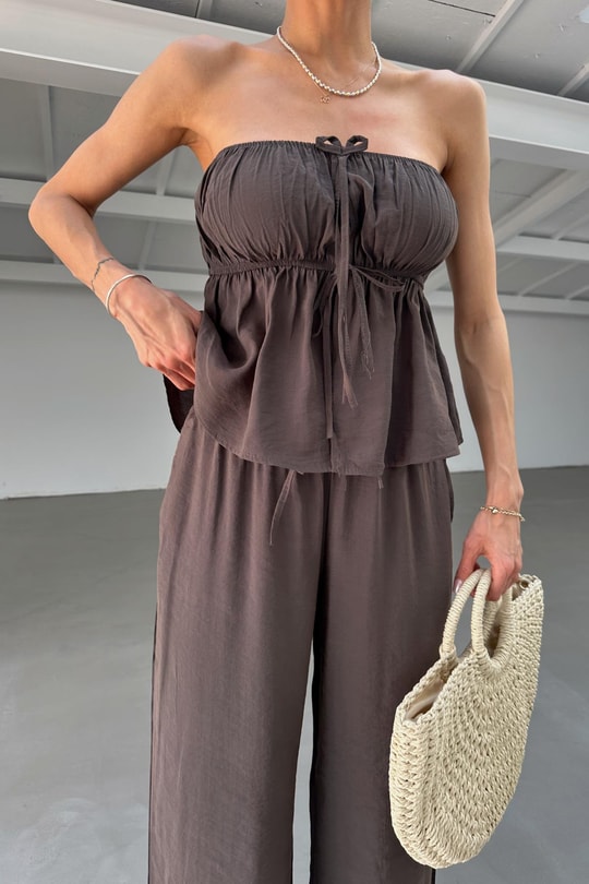 Relax Straplez Bluz Pantolon Takım Füme