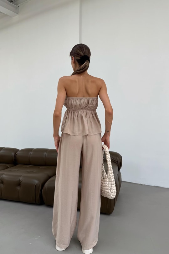 Relax Straplez Bluz Pantolon Takım Bej