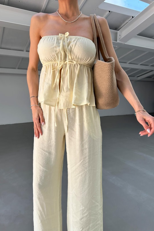 Relax Straplez Bluz Pantolon Takım Sarı