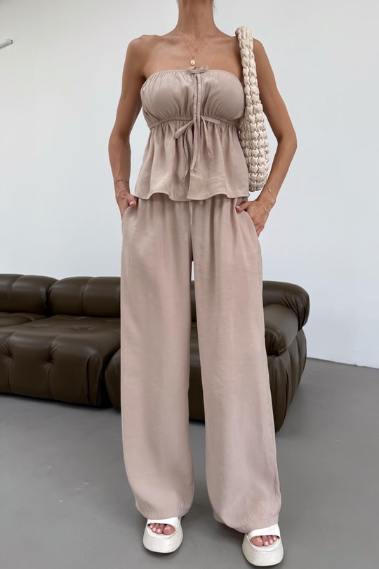 Relax Straplez Bluz Pantolon Takım Bej