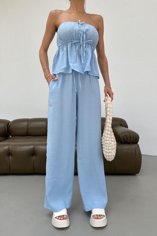Relax Straplez Bluz Pantolon Takım Mavi