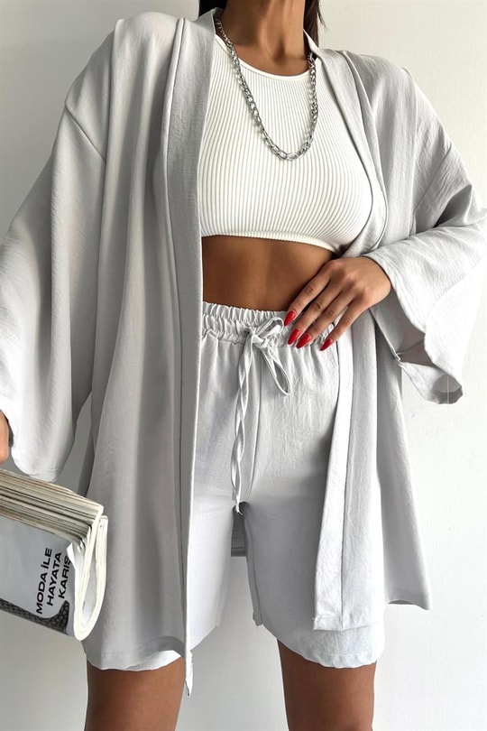 Relaxed Şortlu Kimono Takım Gri