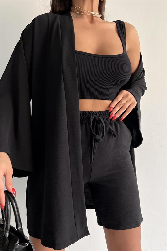 Relaxed Şortlu Kimono Takım Siyah