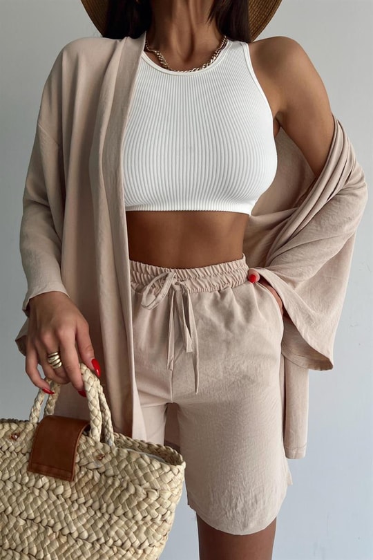 Relaxed Şortlu Kimono Takım Taş
