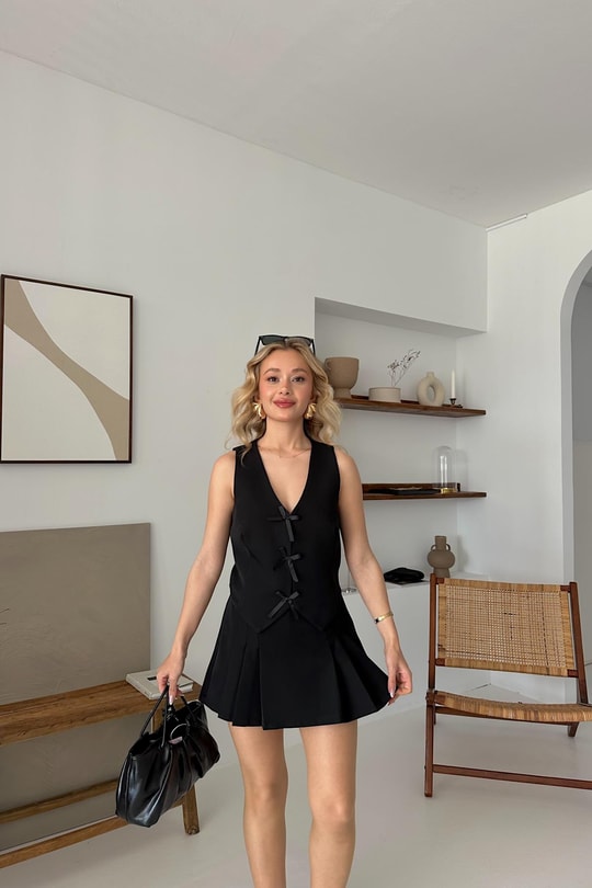 Ribbon Şort Etekli Takım Siyah