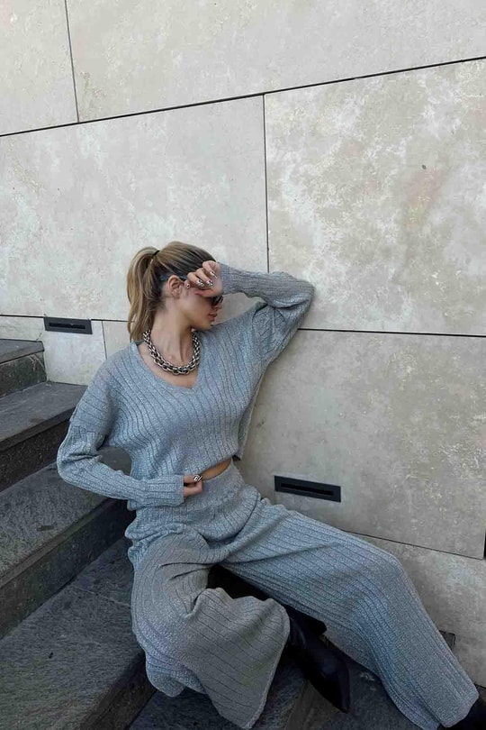 Simli Oversize Fitilli Takım Gümüş