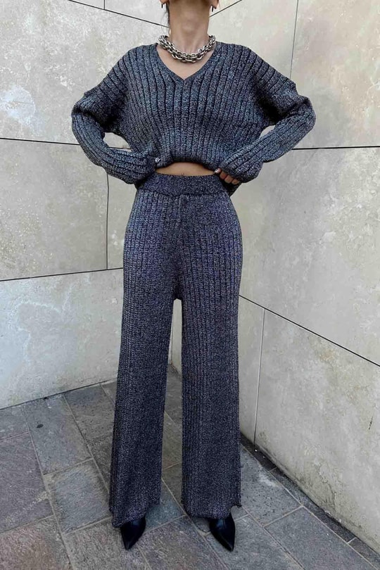 Simli Oversize Fitilli Takım Siyah