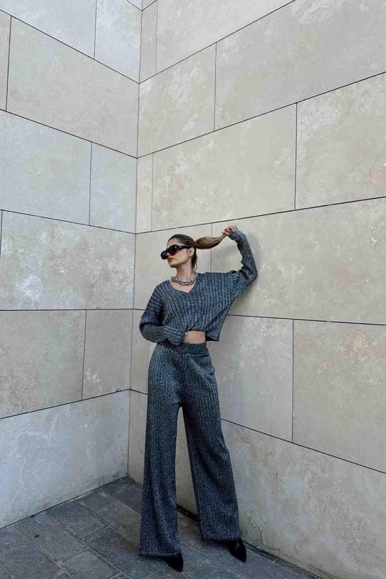 Simli Oversize Fitilli Takım Siyah