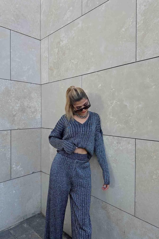 Simli Oversize Fitilli Takım Siyah