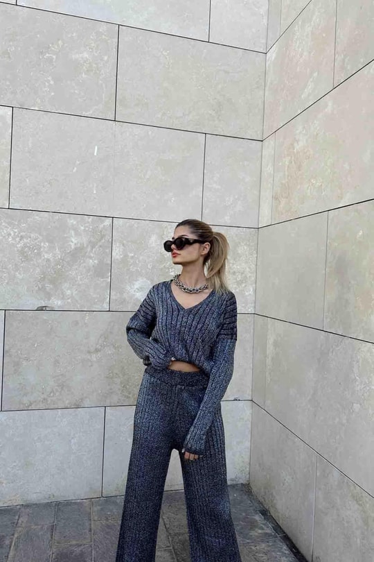 Simli Oversize Fitilli Takım Siyah