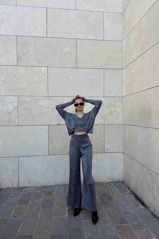Simli Oversize Fitilli Takım Siyah