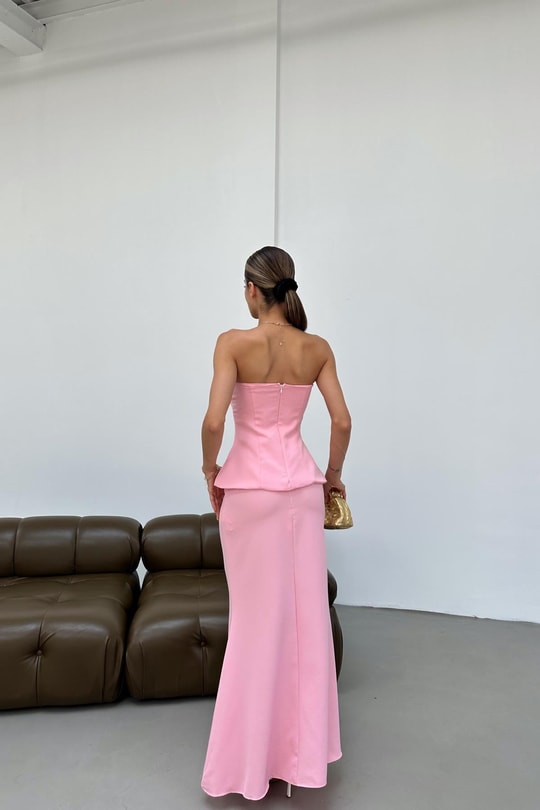 Straplez Etek Büstiyer Takım Pembe