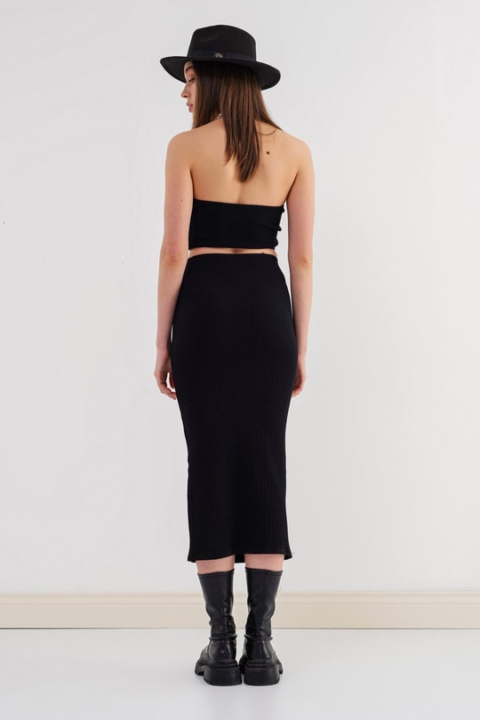 Straplez Etekli Triko Takım Siyah