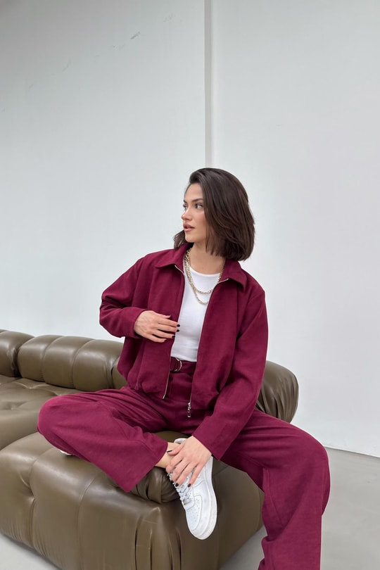 Süet Bomber Ceket Pantolon Takım Bordo