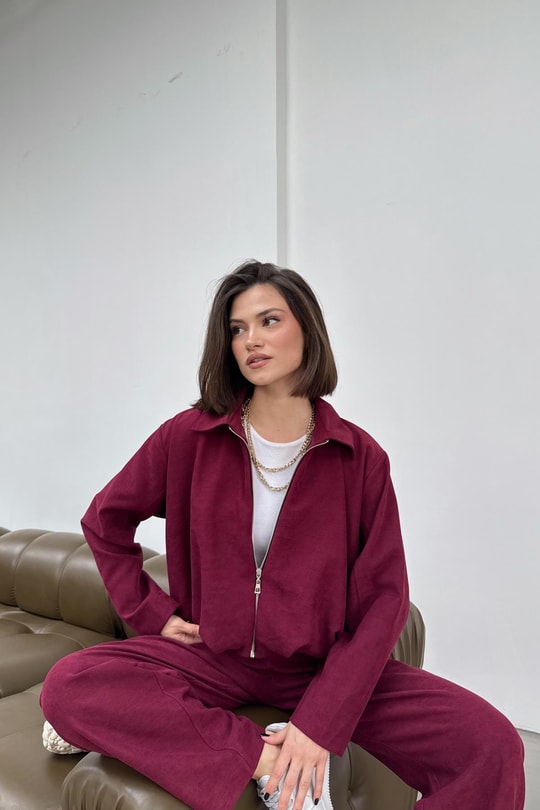 Süet Bomber Ceket Pantolon Takım Bordo