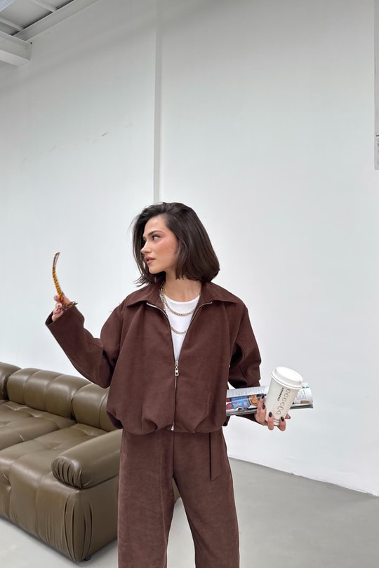 Süet Bomber Ceket Pantolon Takım Kahve