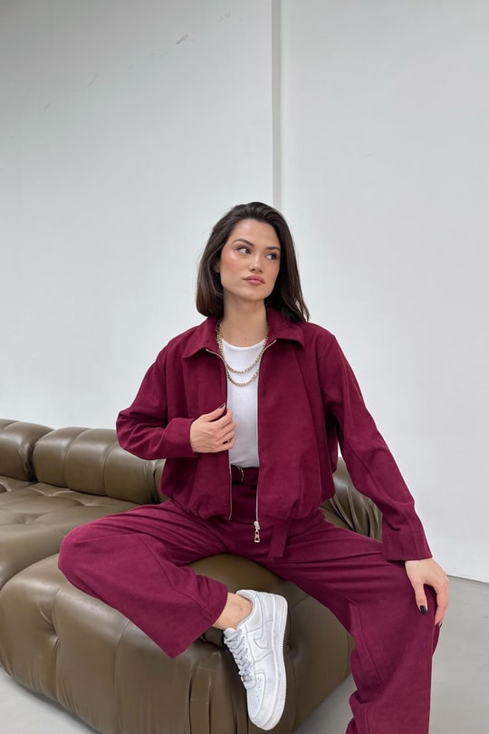 Süet Bomber Ceket Pantolon Takım Bordo