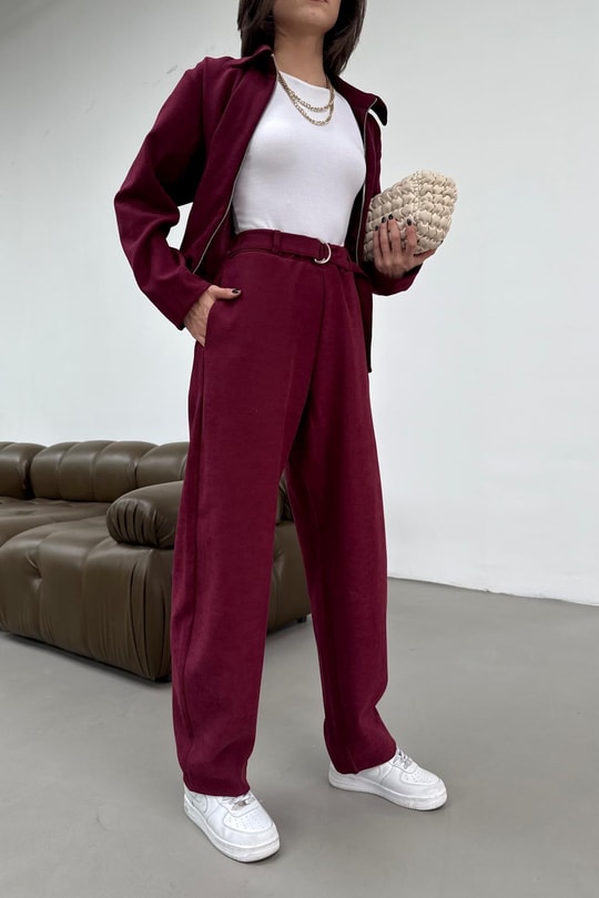 Süet Bomber Ceket Pantolon Takım Bordo