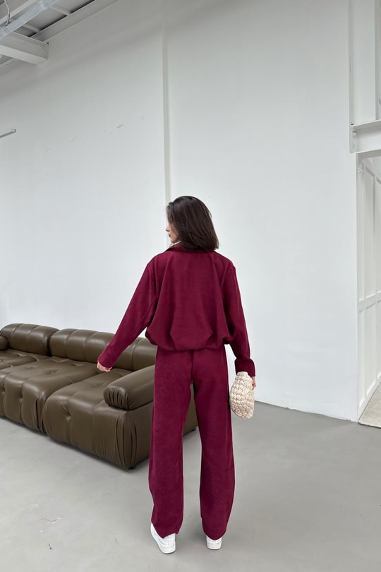 Süet Bomber Ceket Pantolon Takım Bordo