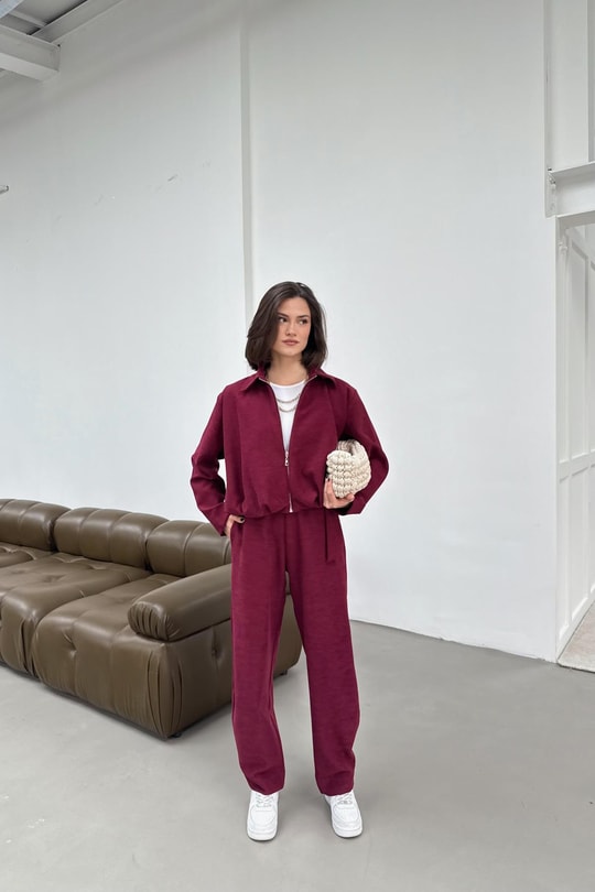 Süet Bomber Ceket Pantolon Takım Bordo