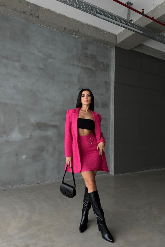 Tek Düğme Blazer Etek Takım Fuşya