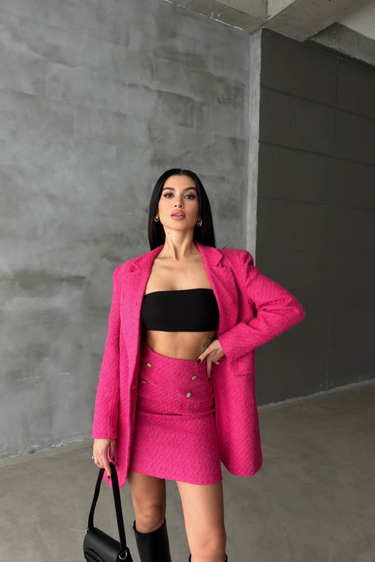 Tek Düğme Blazer Etek Takım Fuşya