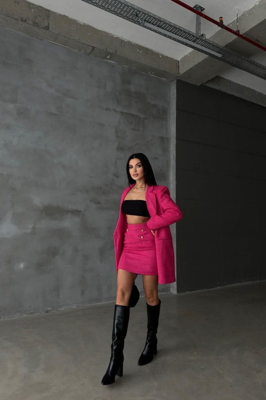 Tek Düğme Blazer Etek Takım Fuşya