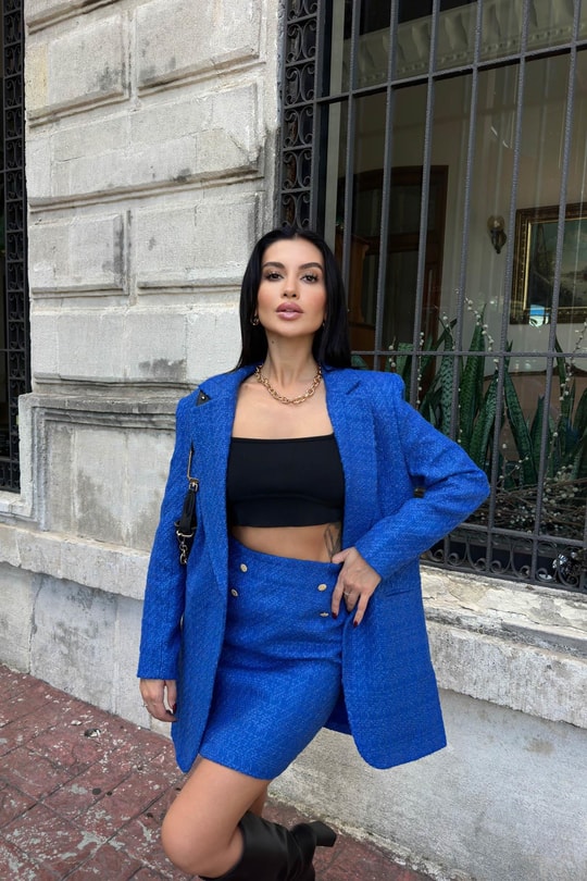 Tek Düğme Blazer Etek Takım Saks Mavisi