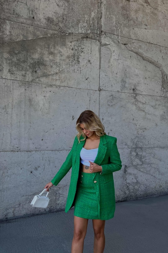 Tek Düğme Blazer Etek Takım Yeşil